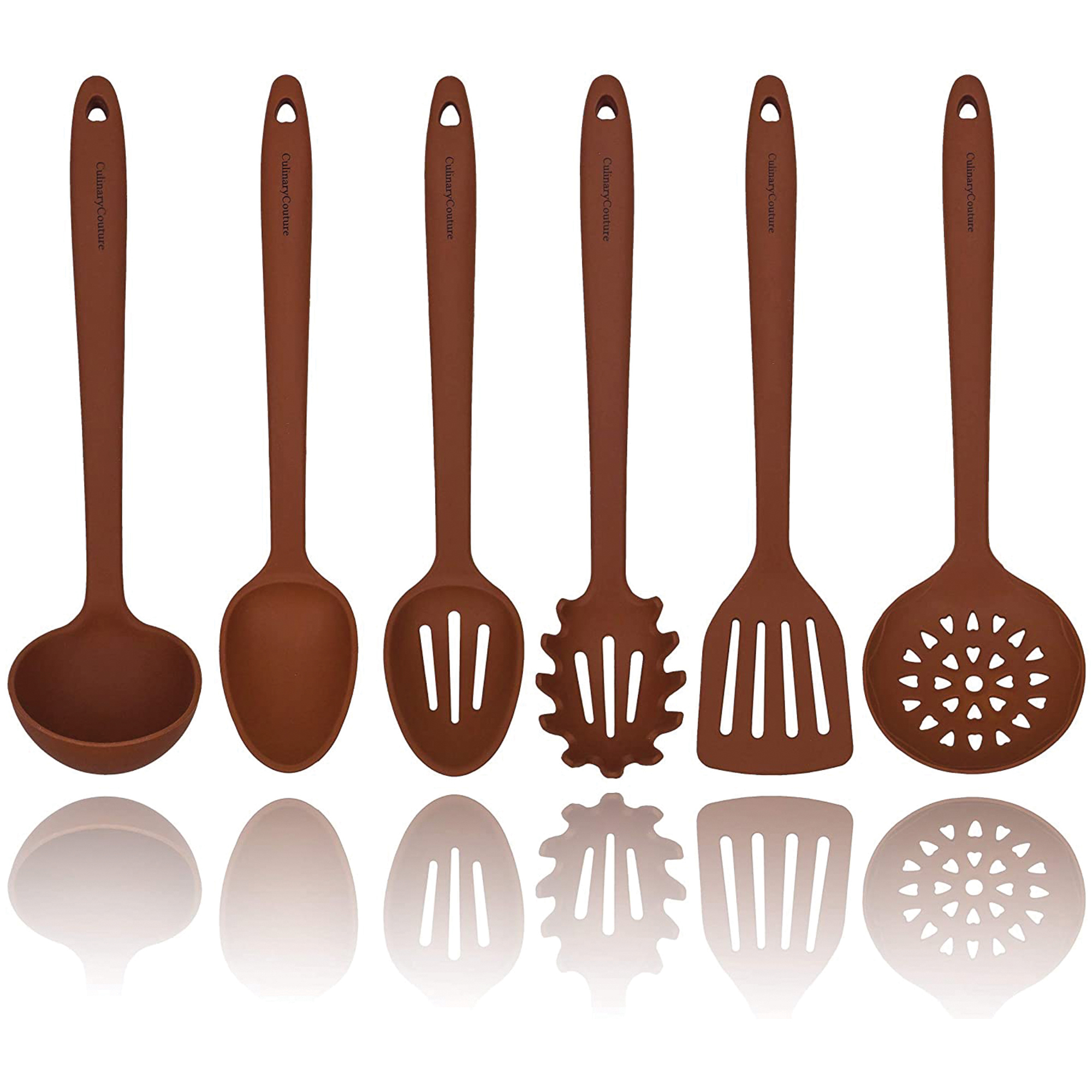 Beautiful 6-Piece Silicone Tool Set with Ceramic Crock in Chocolate Brown