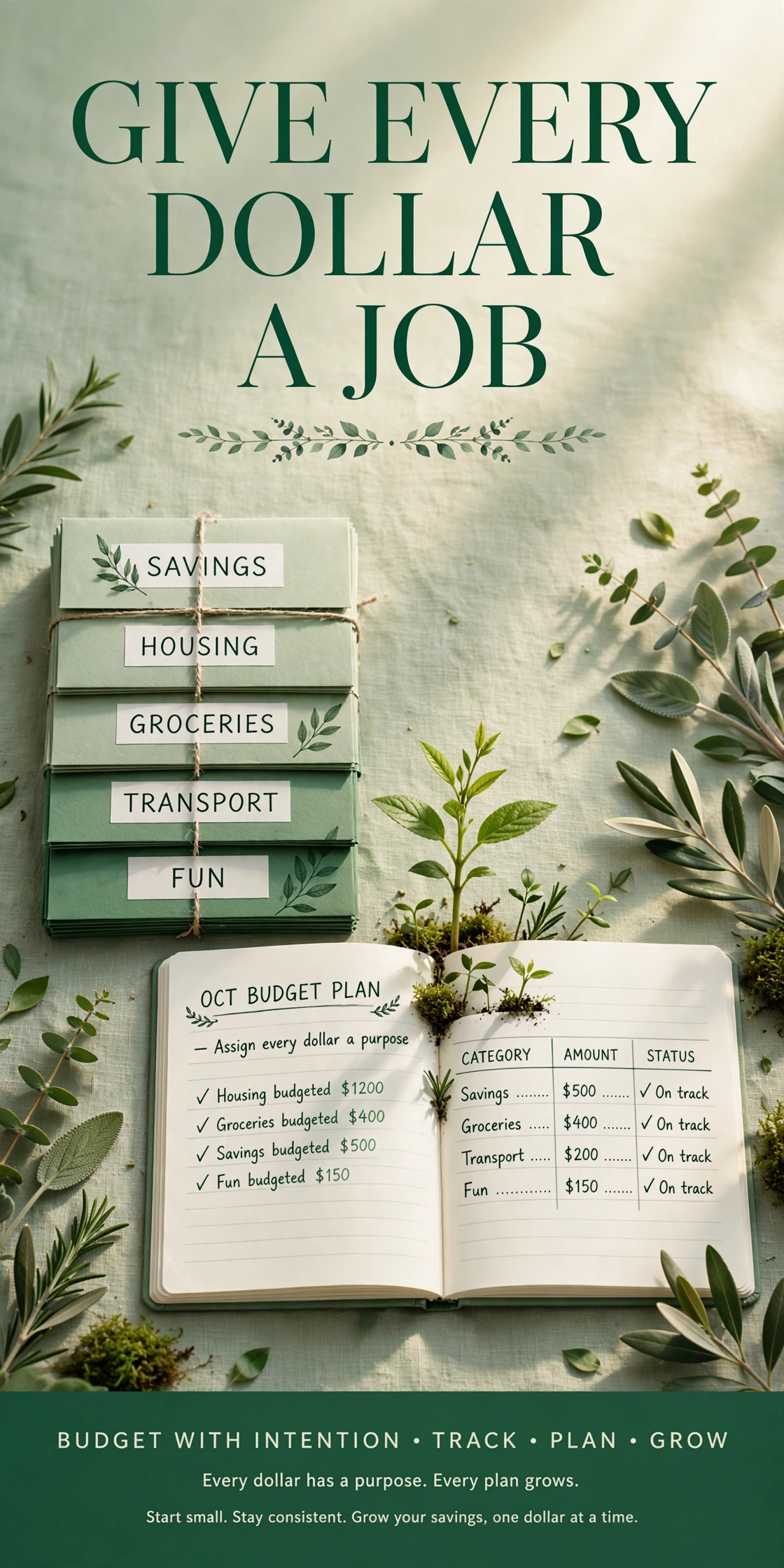 Give Every Dollar a Job poster showing green budget envelopes and an open budget-plan notebook