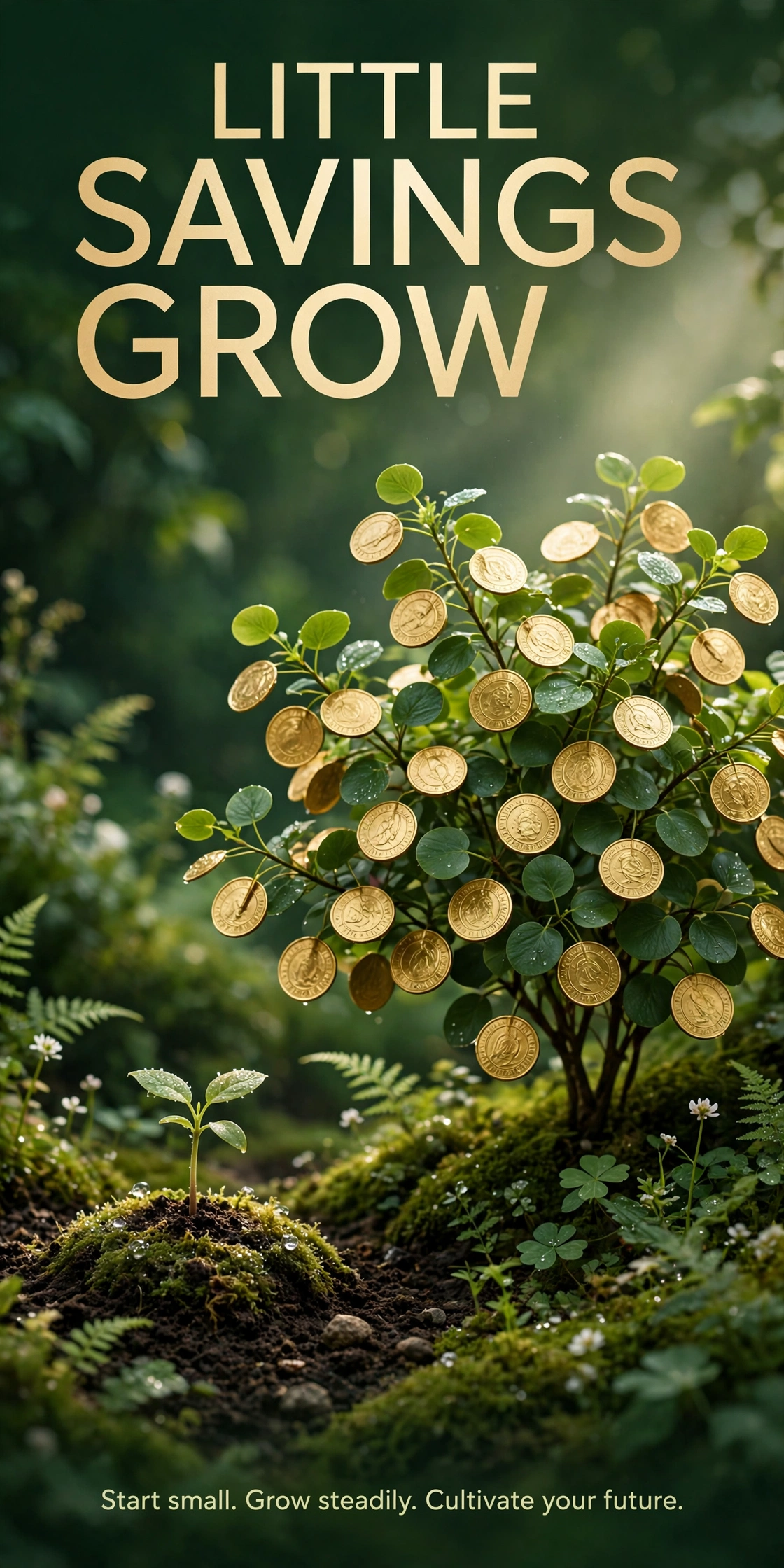 Little Savings Grow poster showing a lush money tree with golden coin leaves
