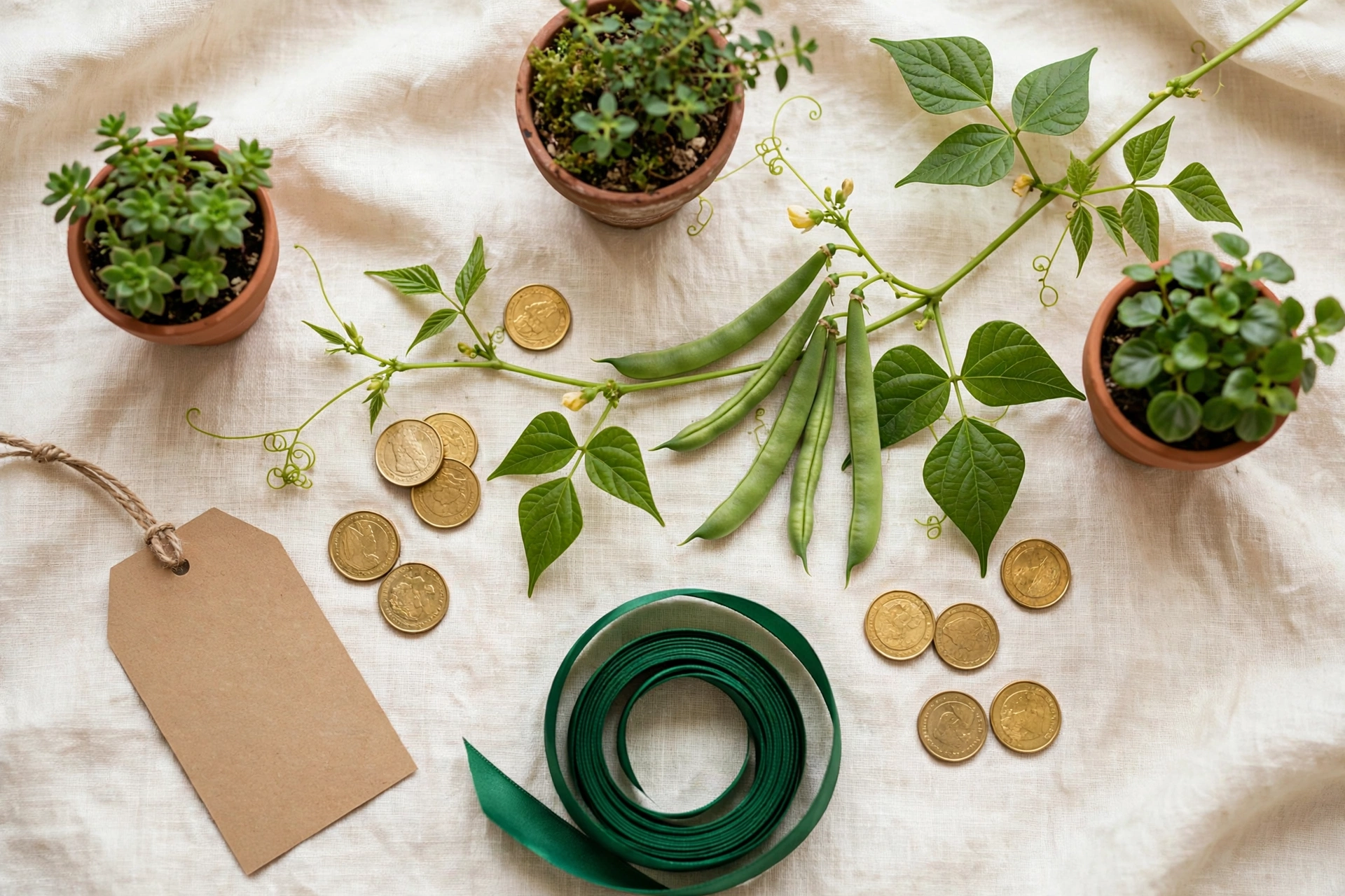 String bean vines, potted plants, coins, and an emerald ribbon arranged on linen