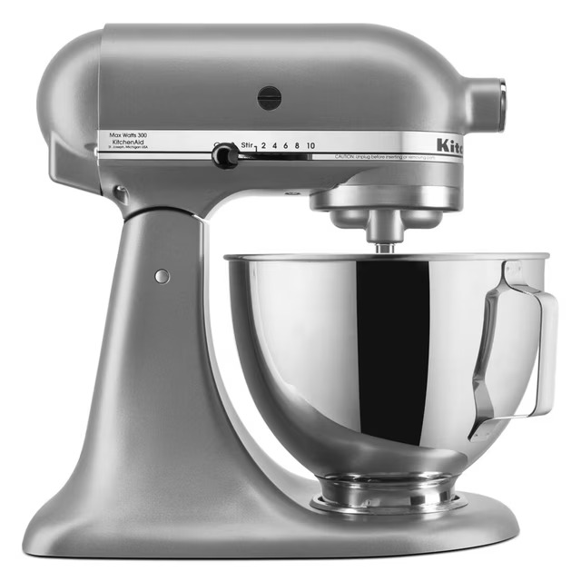 KitchenAid Deluxe 4.5-quart tilt-head stand mixer in Contour Silver with stainless steel bowl