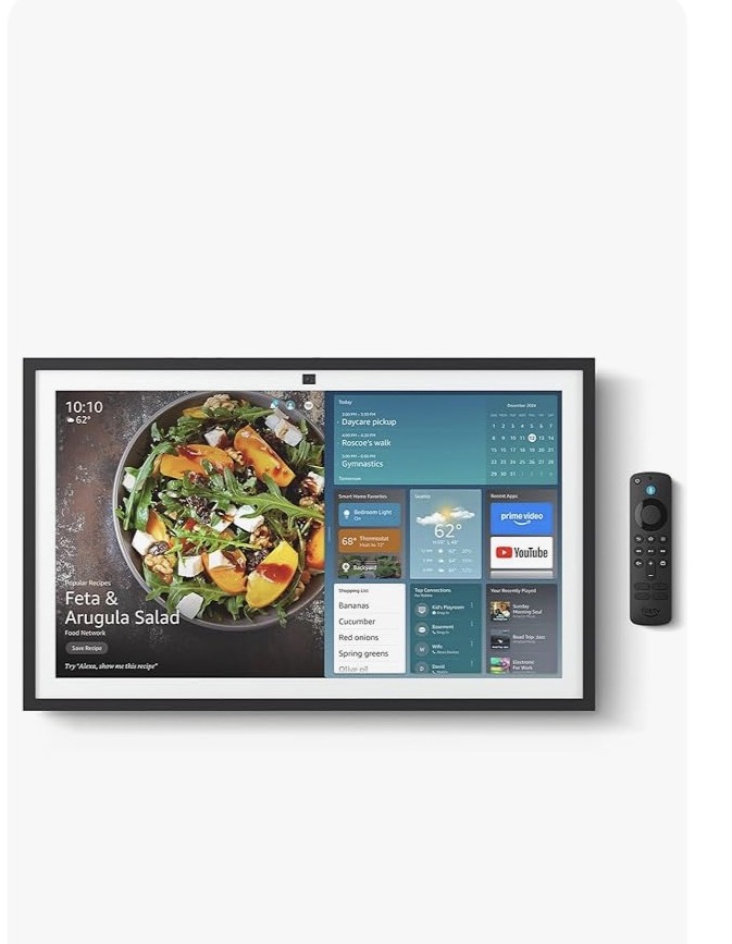 Amazon Echo Show 21 smart display with remote, showing a home organization dashboard and recipe