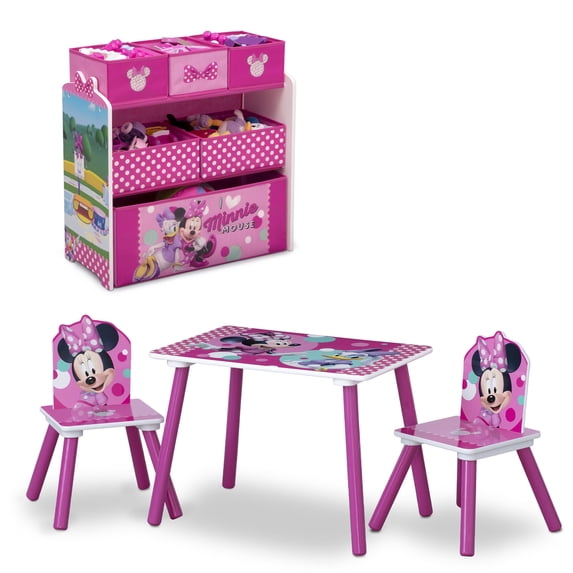 Pink Minnie Mouse four-piece toddler playroom set with table, two chairs, and toy bin