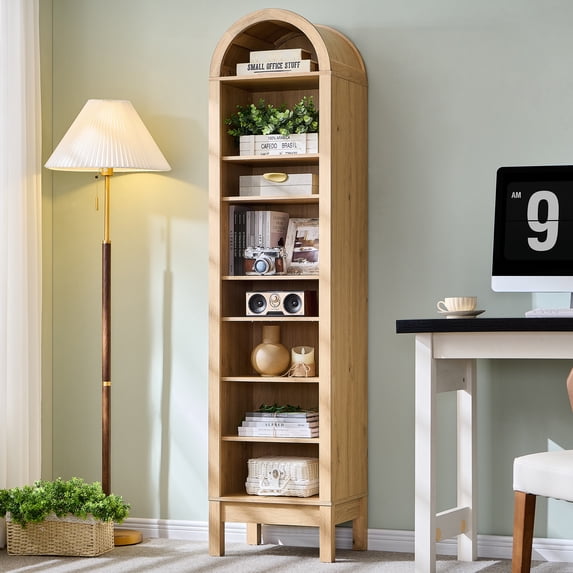 SinCiDo arched eight-tier open bookshelf in natural wood finish