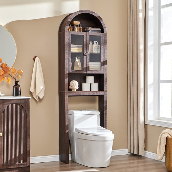 SinCiDo arched over-the-toilet storage cabinet in brown with acrylic doors