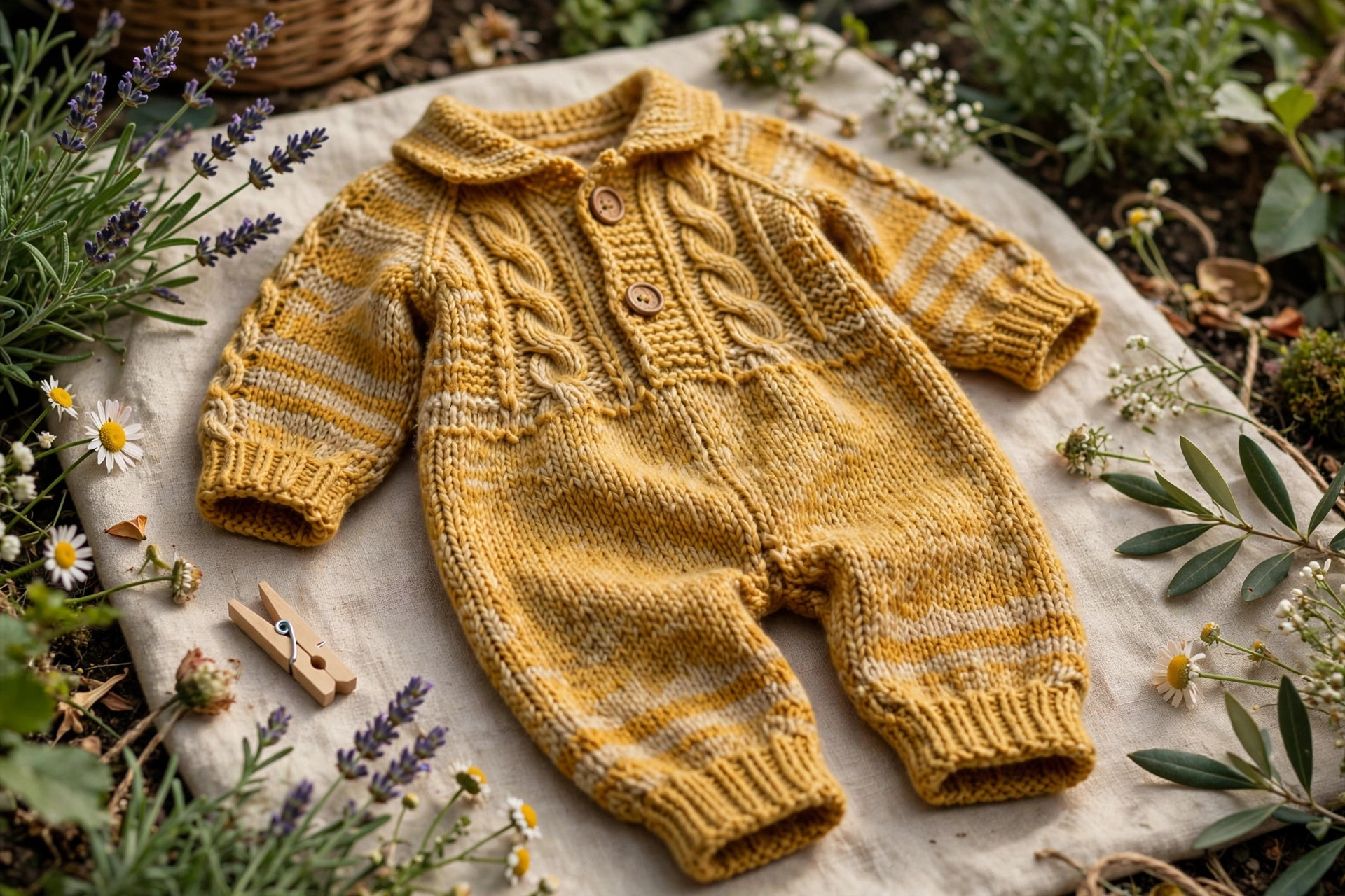 Sample 1970s hand-knit baby romper styled with soft garden greenery