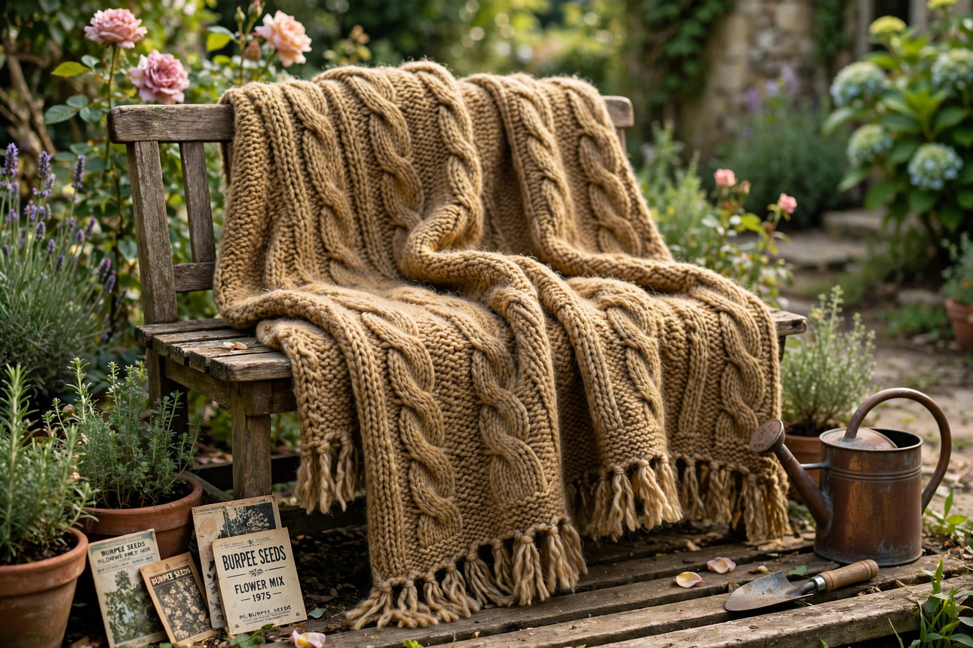 Sample vintage hand-knit wool throw arranged in a leafy, greenhouse-inspired room